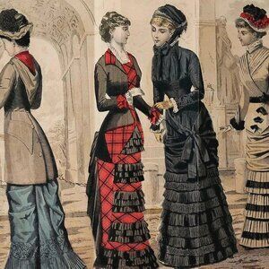 1881 The Antique Gateway Hand Colored Engraving Victorian Women's Fashion DWQQ21